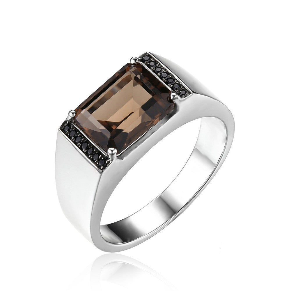 Natural Smoky Quartz Black Spinel Anniversary Ring 925 Sterling Silver