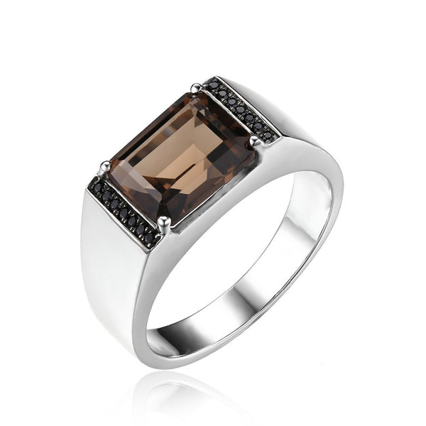 Natural Smoky Quartz Black Spinel Anniversary Ring 925 Sterling Silver