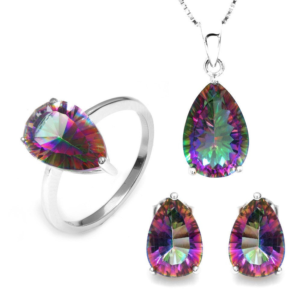 Genuine Gem Stone Rainbow Mystic Topaz Pendant Ring Earring Set Solid Pure 925 Sterling Silver